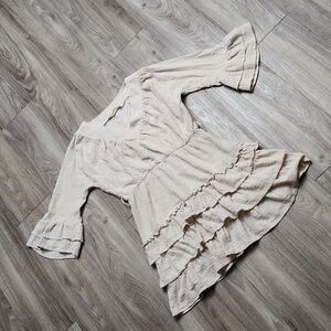 Andree By Unit V Neck Bell Sleeve Cinched Waist Tiered Ruffle Babydoll Dress